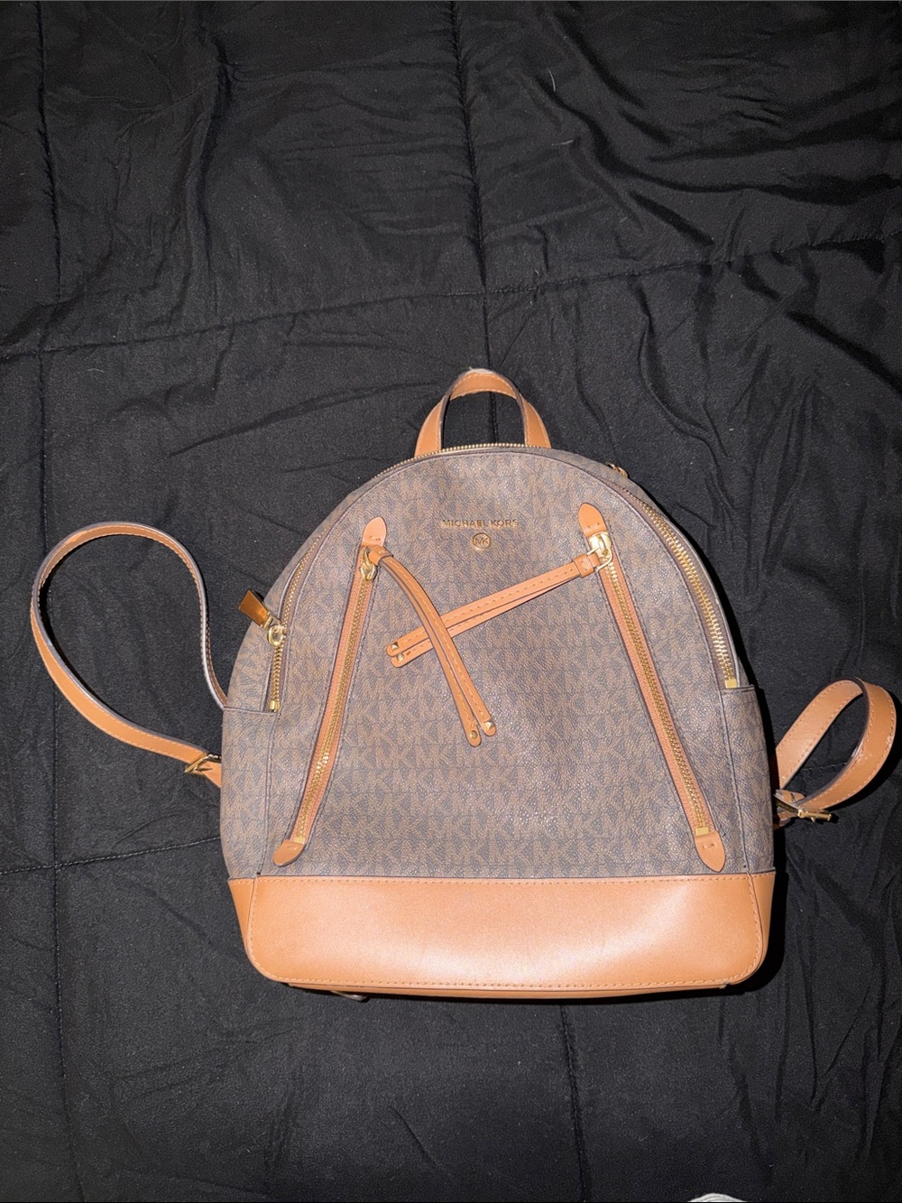 Michael Kors Brown MK Logo Backpack with Tan Leather Trim